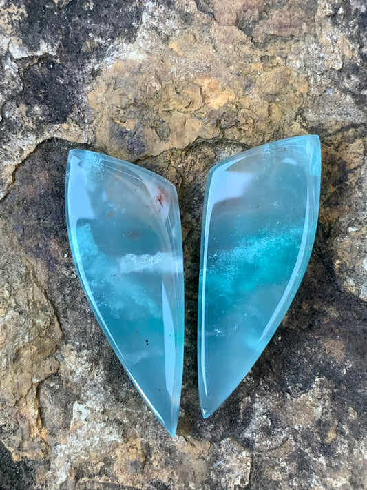 Aquaprase Chalcedony Pair   46.43 ctw Wing Cabochons  40.7 x 15.2 x 4.8