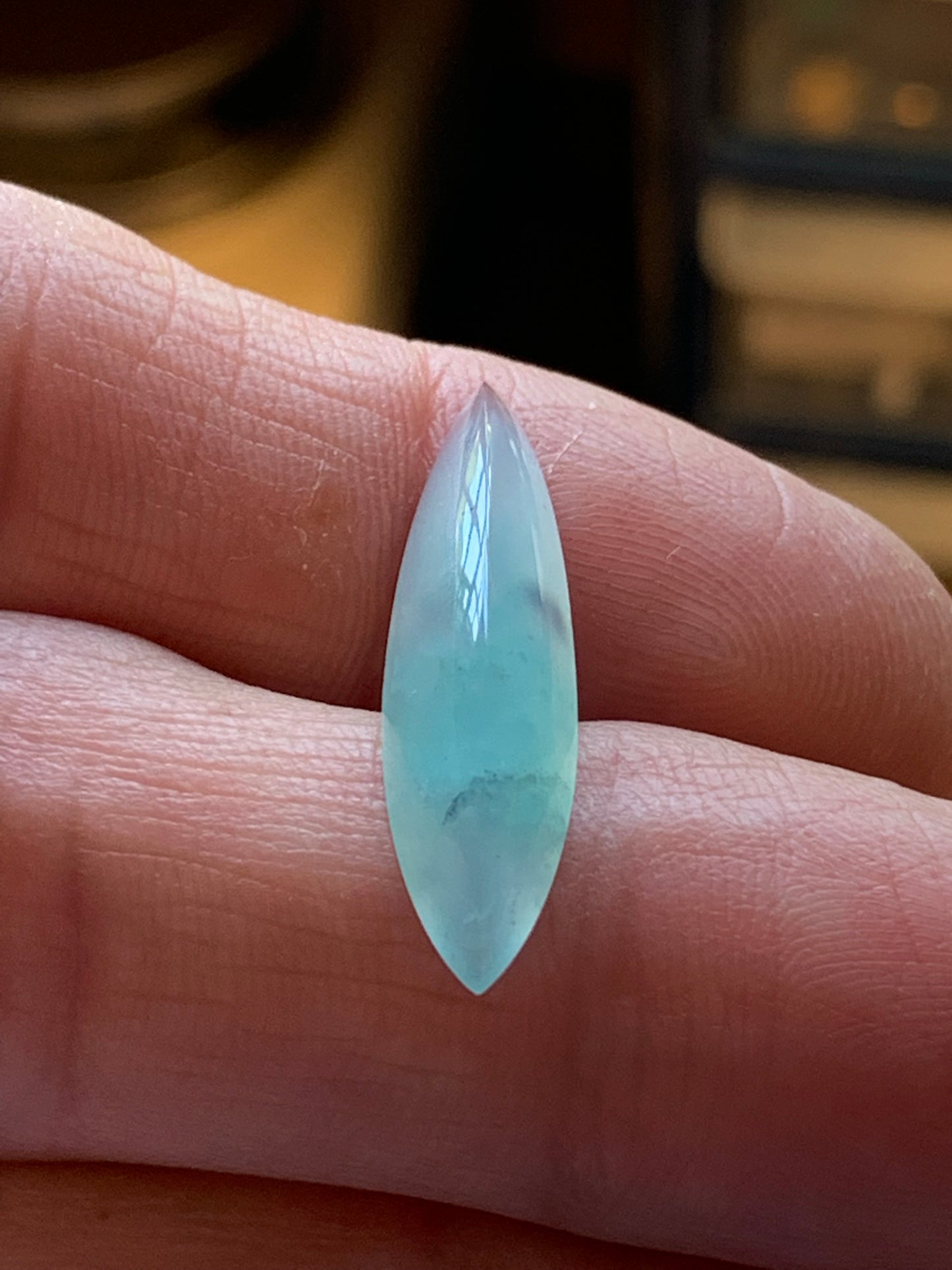 Aquaprase Chalcedony  6.43 ct Willow Leaf Cab  30.3 x 7.7 x 5.2