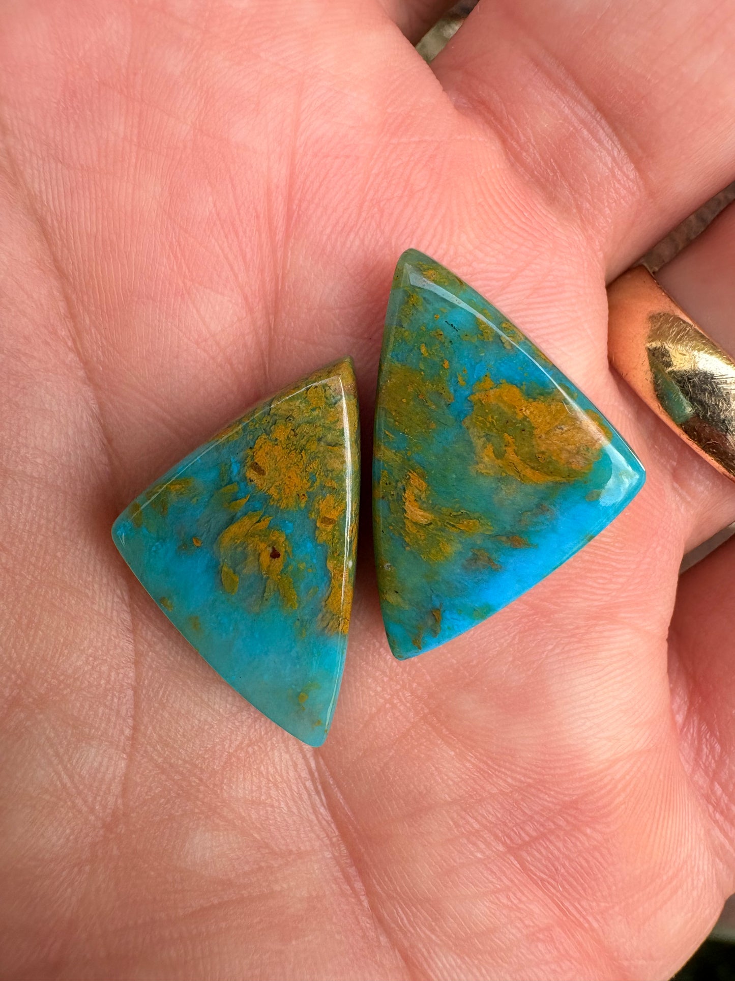 Peruvian Blue Opal Pair   27.97 ctw   Triangle Cabs  25.3 x 15.6 x 6.4