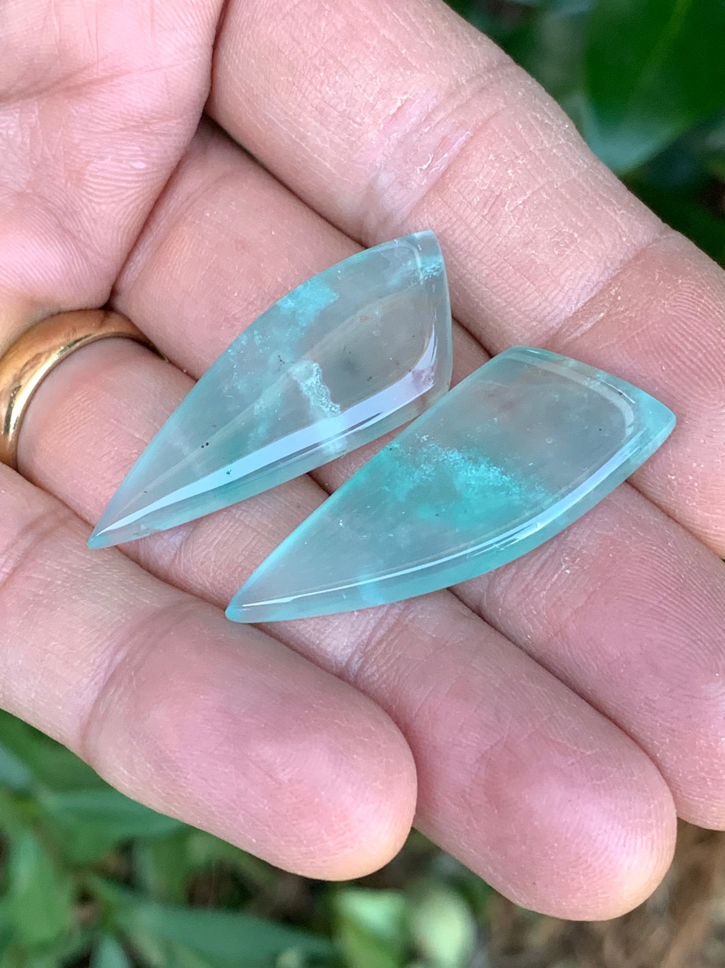 Aquaprase Chalcedony Pair   46.43 ctw Wing Cabochons  40.7 x 15.2 x 4.8